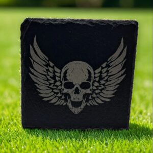 Handcrafted Winged Skull Slate Coaster - Biker Tattoo Art Decor