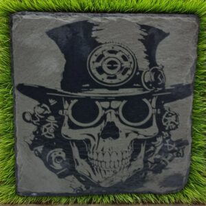 Handcrafted Steampunk Skull Coaster - Top Hat Goggles Art