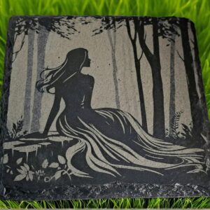 Handcrafted Forest Maiden Slate Coaster - Elegant Woodland Art Drink Mat