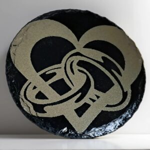 Handcrafted Engraved Round Slate Coaster - Interlocking Heart & Wedding Rings Design - Marriage Gift