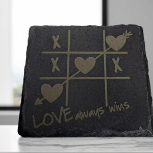 Handcrafted Engraved Slate Coaster - Love Always Wins Tic-Tac-Toe Heart Design - Romantic Gift