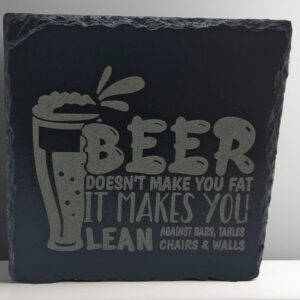 Handcrafted Slate Coaster: "Beer Makes You Lean" Funny Engraved Square Drink Mat - Humorous Beer Gift