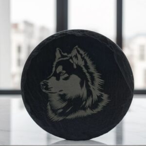 Handmade Alaskan Malamute / Husky Round Slate Coaster - Engraved Sled Dog Gift for Arctic Breed Fans