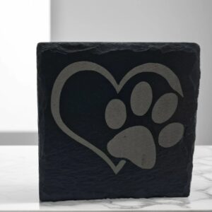 Handcrafted Slate Coaster with Paw Print Heart Engraving | Unique Pet Lover Gift