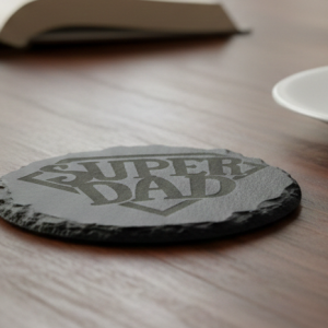 Handcrafted "Super Dad" Laser-Engraved Circular Slate Coaster