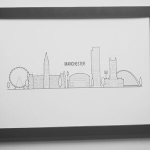 Manchester City Skyline Line Art Print | Black Framed A4 UK City Wall Decor