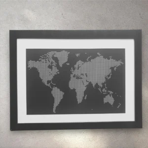 Dot Matrix World Map Print - A4 Black Framed Pixelated Travel Wall Art