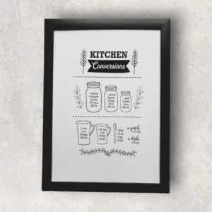 Kitchen Conversions Chart A4 Black Framed Print - Baking & Cooking Reference Decor
