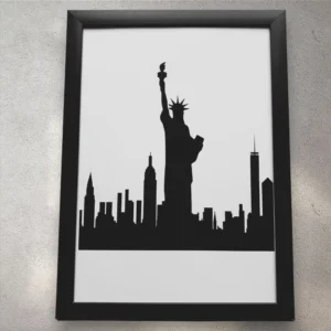 New York City Skyline Print - A4 Black Framed Statue of Liberty Silhouette Art