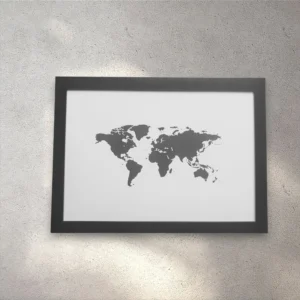 Monochrome World Map Print - A4 Black Framed Travel Wall Art Decor