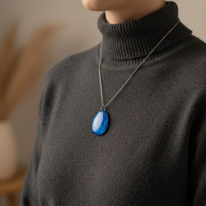 Handcrafted Teardrop Resin Necklace: Luminous Deep Ocean Blue Swirl