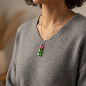 Handcrafted Slim Bar Resin Necklace: Vibrant Pink & Emerald Green Abstract