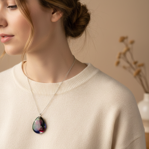 Handcrafted Teardrop Resin Necklace: Deep Jewel Tones - Ruby, Sapphire & Emerald Swirl