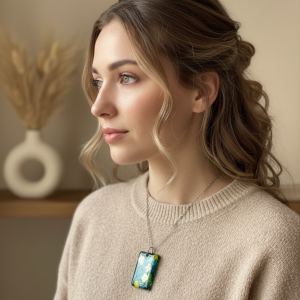 Handcrafted Rectangular Resin Necklace: Emerald Swirl with Glimmering Gold Leaf
