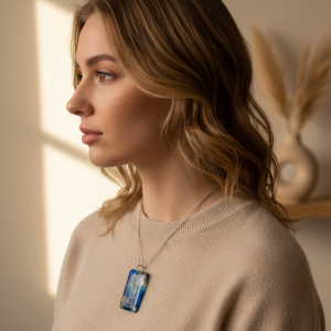 Handcrafted Rectangular Resin Necklace: Dynamic Deep Blue & Gray Abstract Swirl