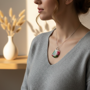 Handcrafted Resin Pendant Necklace - Vibrant Red and Green Swirl