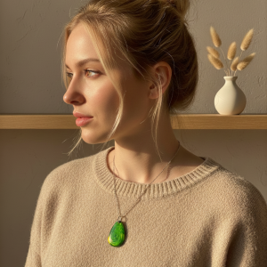 Handcrafted Resin Teardrop Pendant Necklace - Vibrant Green and Yellow Swirl