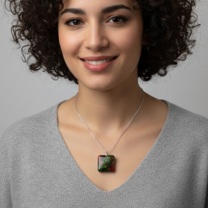 Handcrafted Square Resin Necklace: Vibrant Holly Berry Red & Emerald Green Swirl