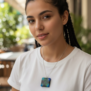 Handcrafted Square Resin Necklace: Deep Aqua Blue, Emerald & Black Nebula