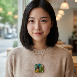 Handcrafted Square Resin Necklace: Abstract Multi-Colour Flow with Glimmering Gold Leaf